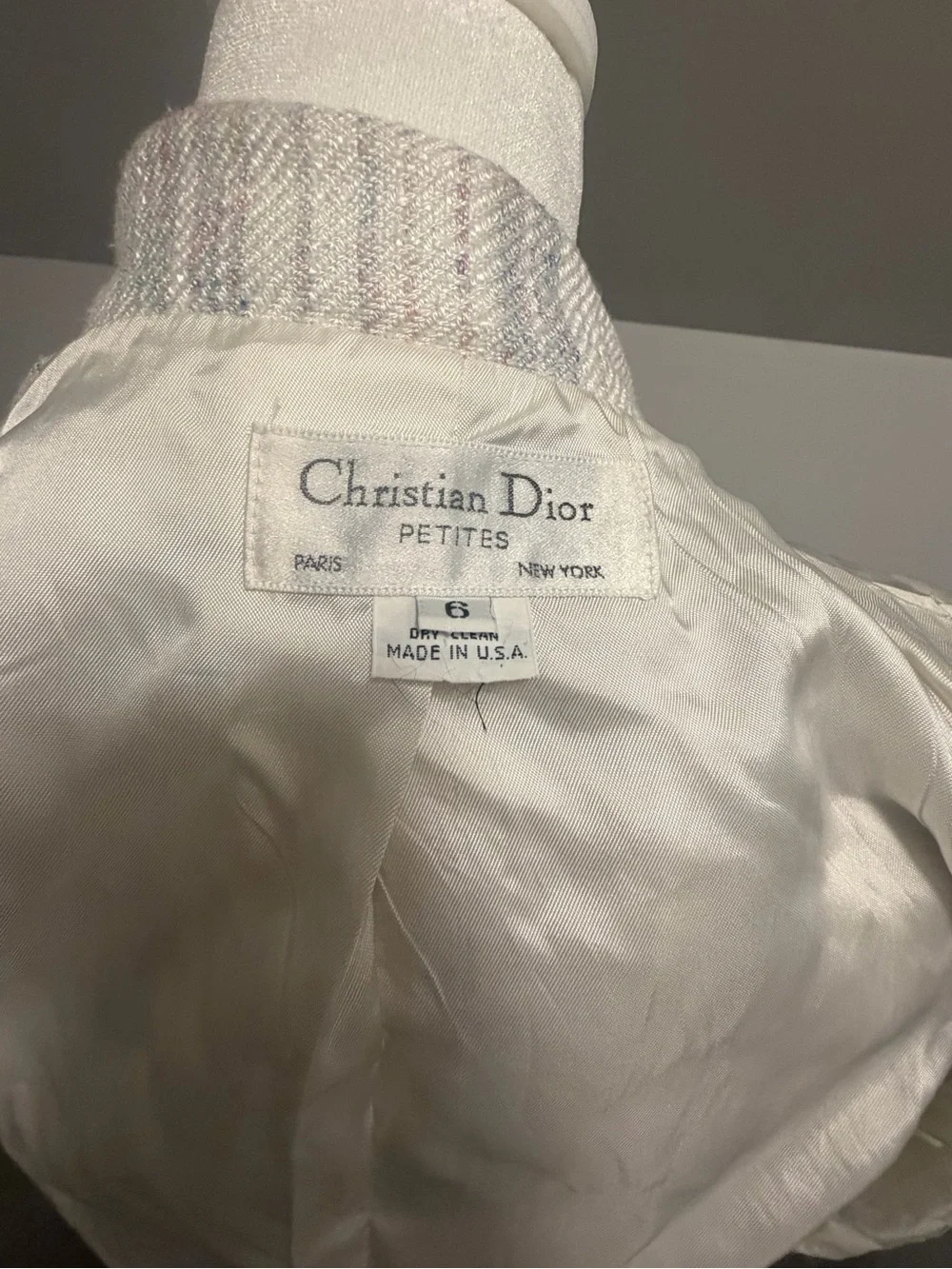 Christian Dior Vintage Petites Skirt Suit Set White Textured Striped Blazer Sz2